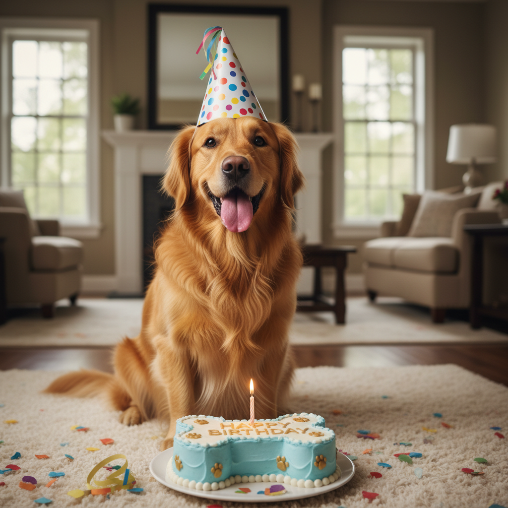 A joyful Golden Retriever wearing a colorful party hat, sitting in front of a bone-shaped cake with a single candle, soft natural indoor lighting, 8k resolution, highly detailed fur.