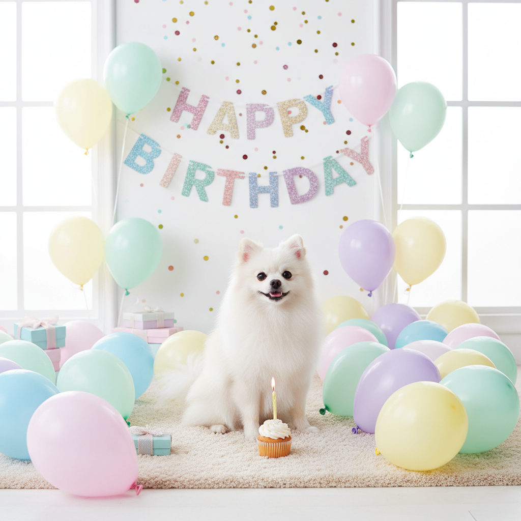 A small white fluffy Pomeranian surrounded by pastel-colored balloons and a 'Happy Birthday' banner, festive and bright atmosphere, high-quality pet photography.