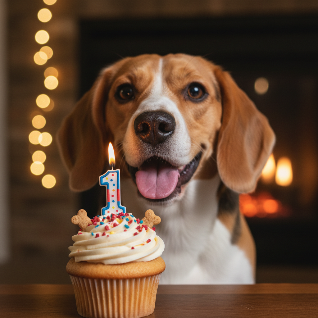 Close-up of a dog-safe birthday cupcake with a '1' candle, a happy Beagle looking at it with excitement, bokeh background, warm and cozy aesthetic.