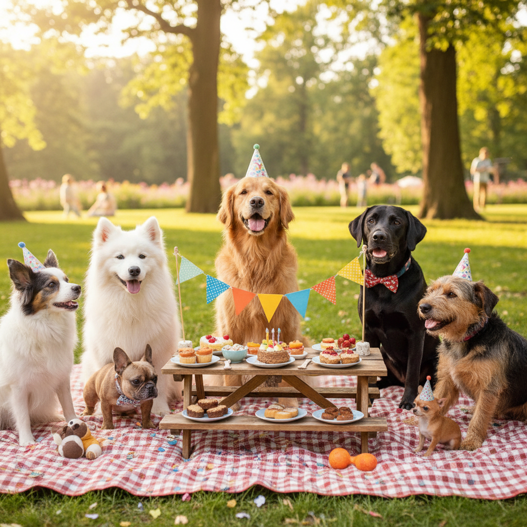 A group of diverse dog breeds having a birthday picnic in a sunny park, miniature wooden table with dog treats, colorful bunting flags, joyful summer vibe.