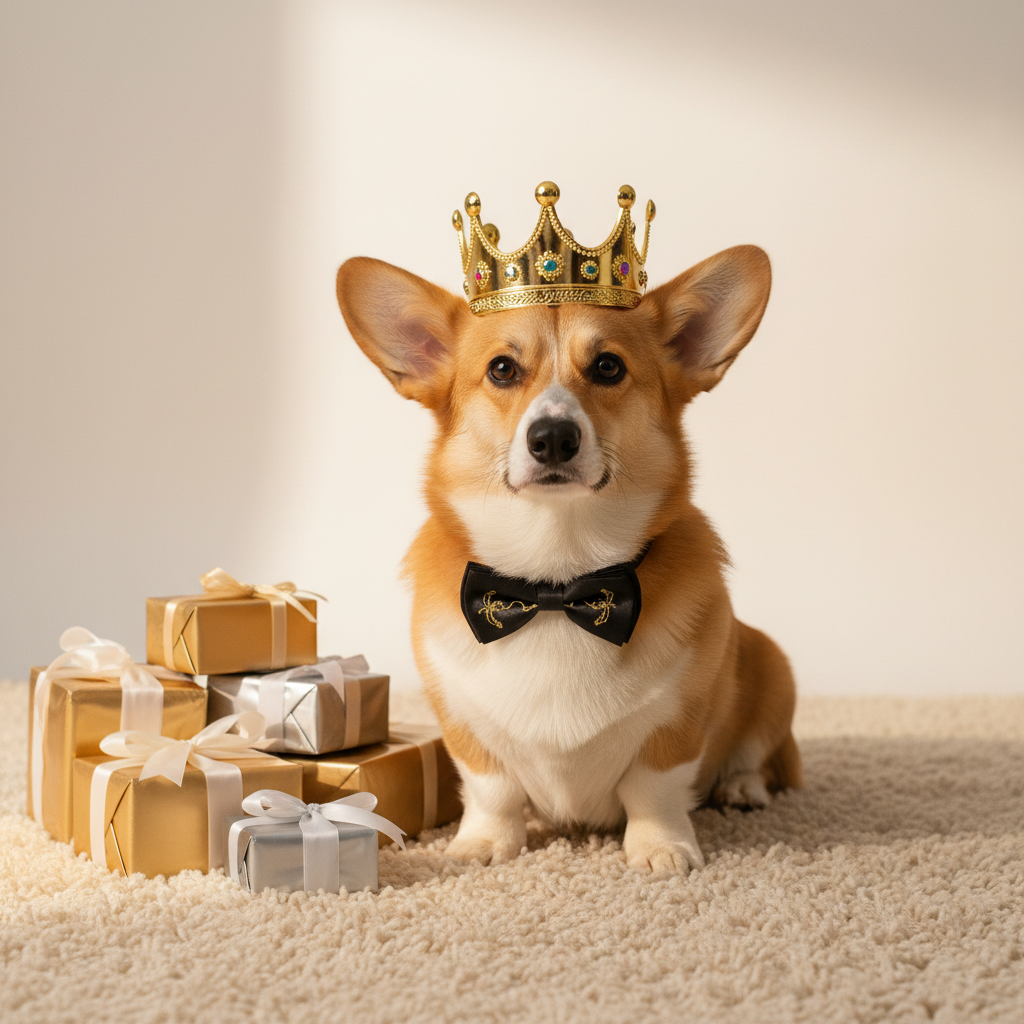 A stylish Corgi wearing a golden crown and a bow tie, sitting on a plush rug next to a pile of wrapped gifts, professional studio lighting, minimalist background.