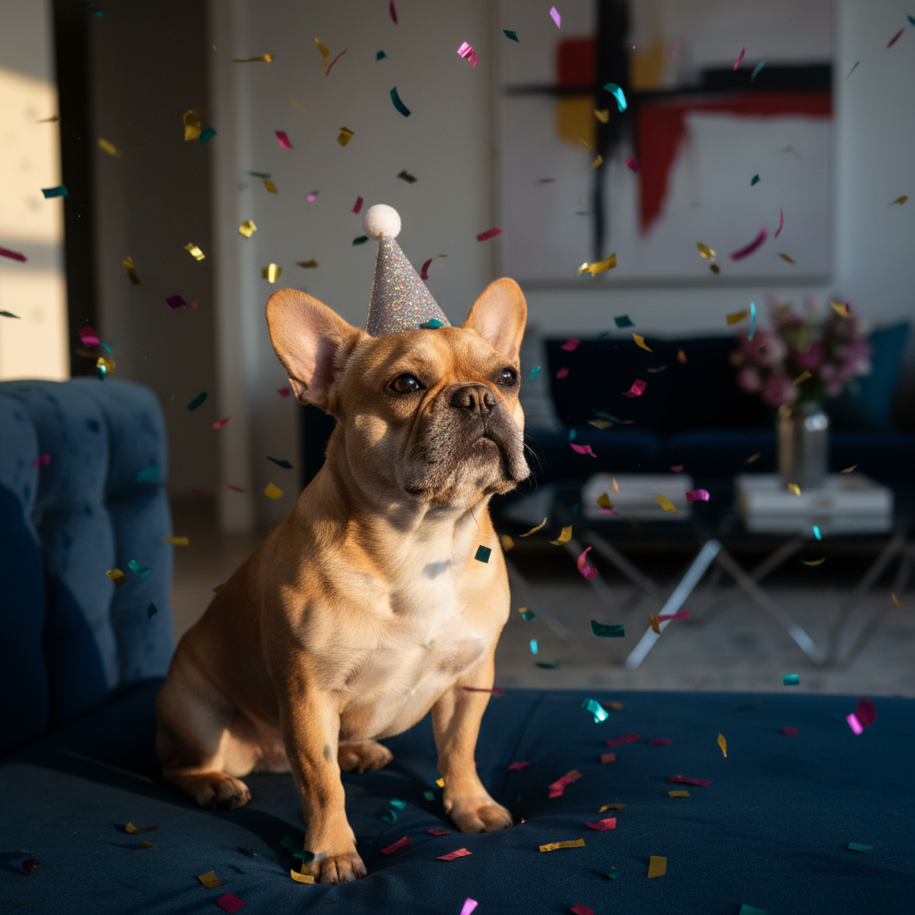 A French Bulldog sitting on a velvet sofa with colorful confetti floating in the air, wearing a miniature party hat, cinematic lighting, high-end editorial style.