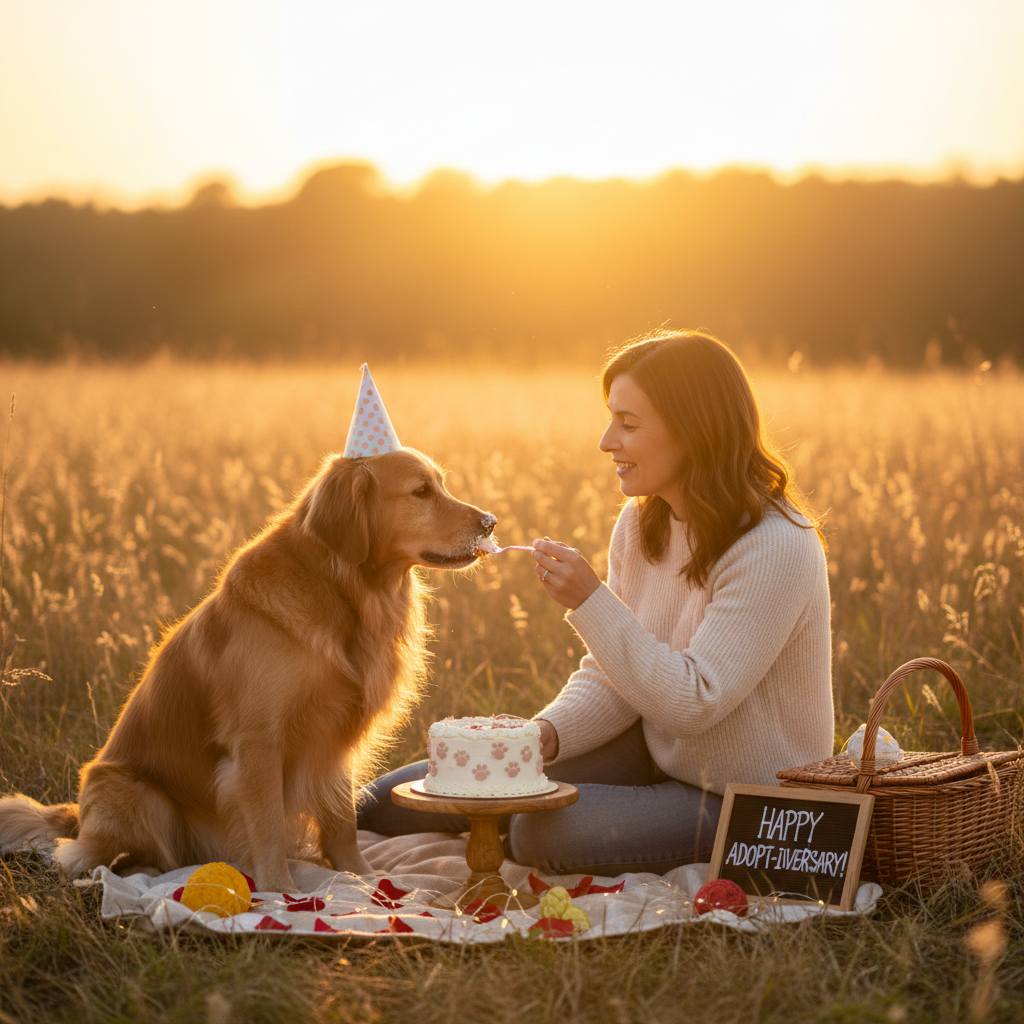 A heartwarming outdoor scene of a dog and its owner celebrating with a small cake during sunset, emotional lighting, soft focus, professional lifestyle photography.